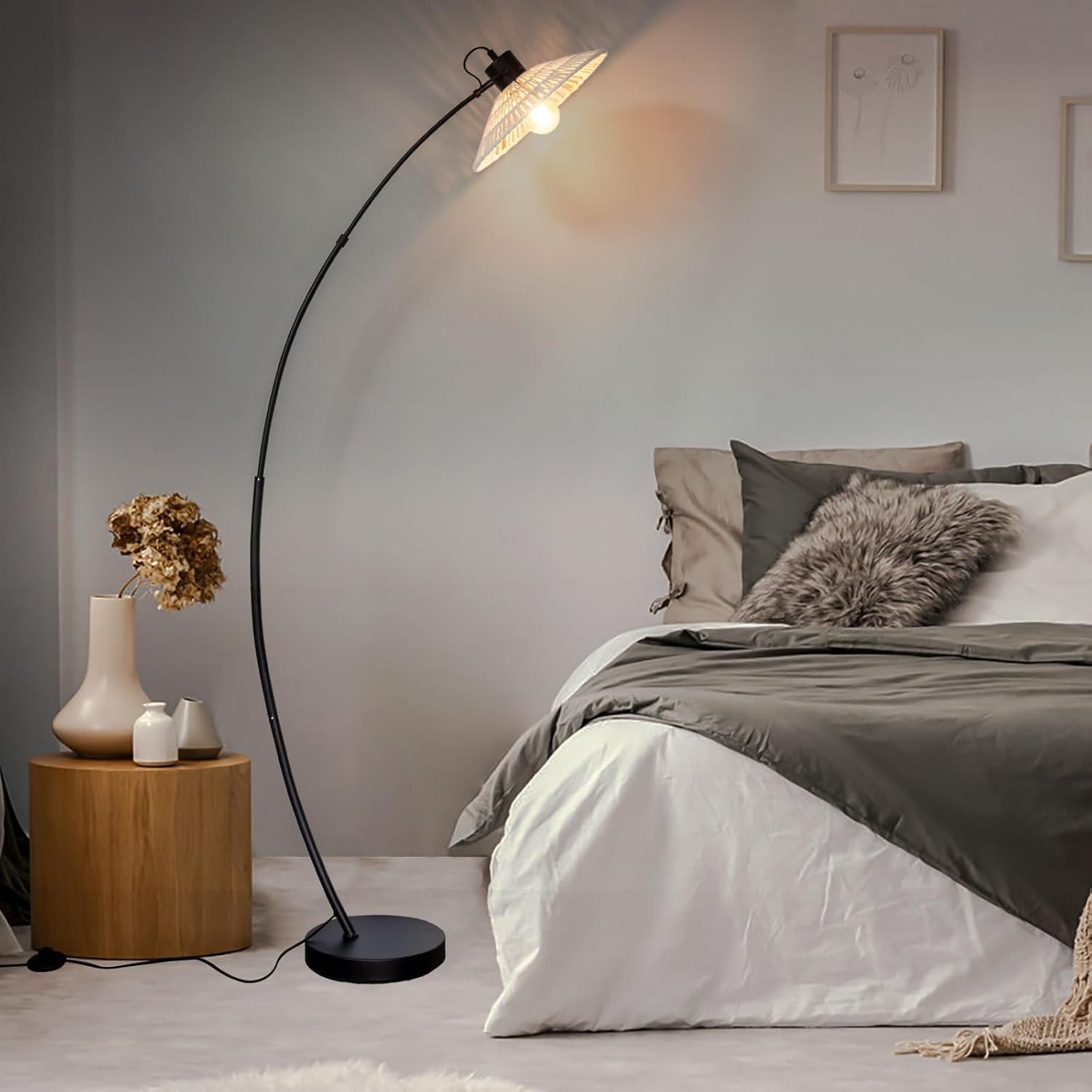 Boho Arc Floor Lamp Adjustable Shade Black Beige Reading Living Room