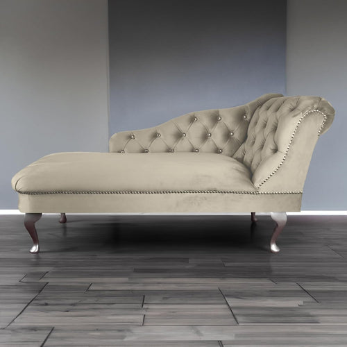 Velvet Chaise Lounge Sofa Right Hand Cedar – Tufted Seat, UK Handmade