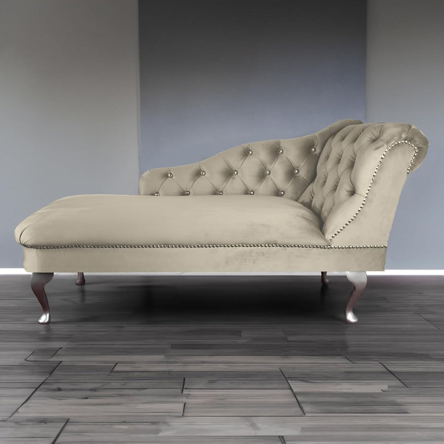 Velvet Chaise Lounge Sofa Right Hand Cedar – Tufted Seat, UK Handmade