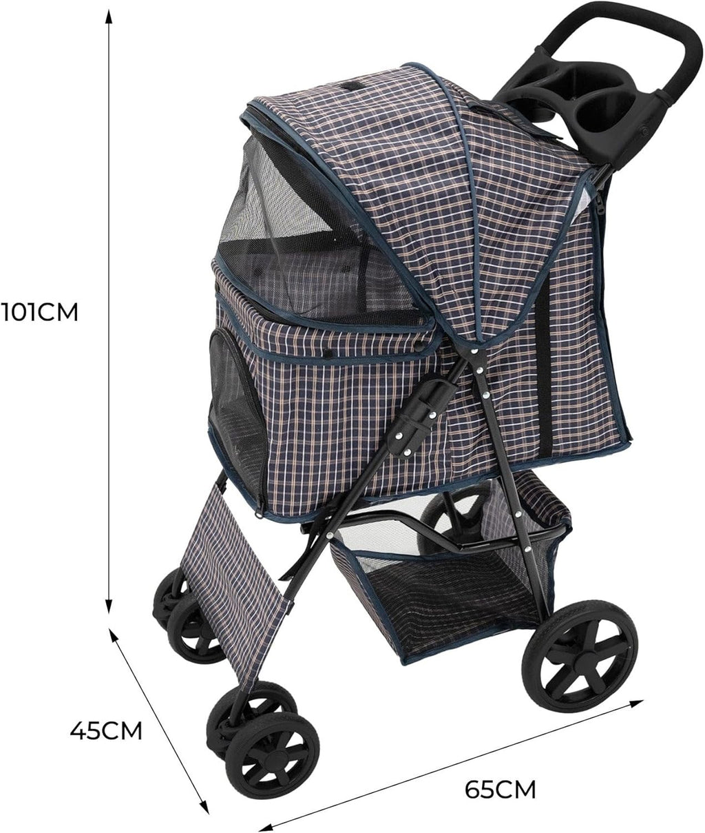 Blue Tartan Pet Stroller Pushchair Foldable Dog Cat Pram 15kg with Brakes
