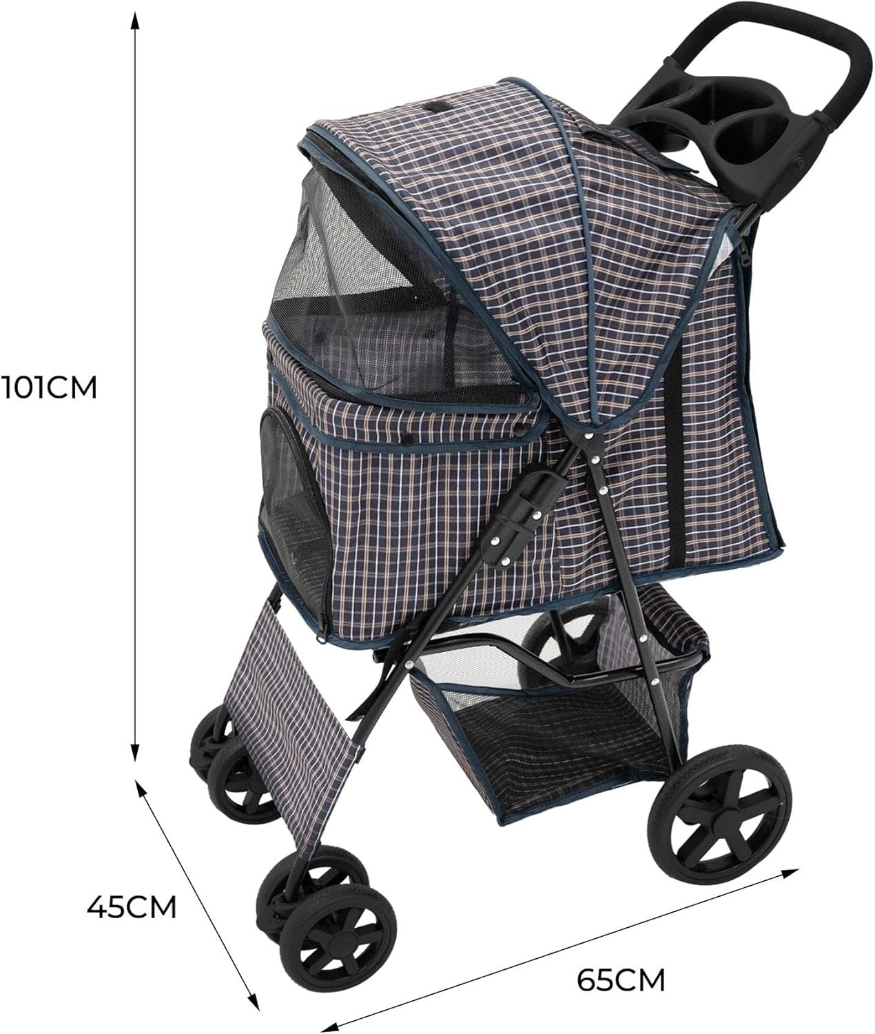 Blue Tartan Pet Stroller Pushchair Foldable Dog Cat Pram 15kg with Brakes