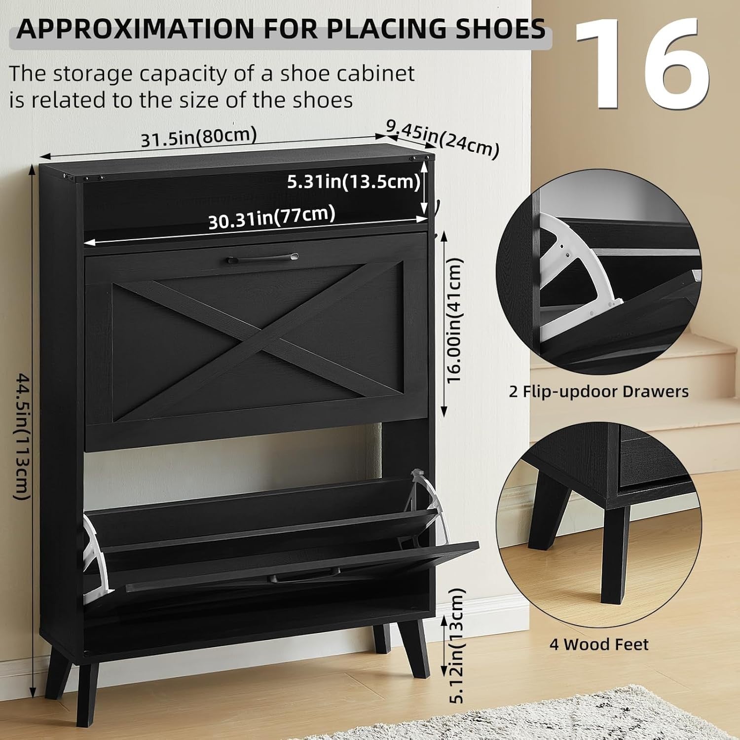 Space-Saving Shoe Cabinet with 2 Folding Doors & Removable Shelves – Black