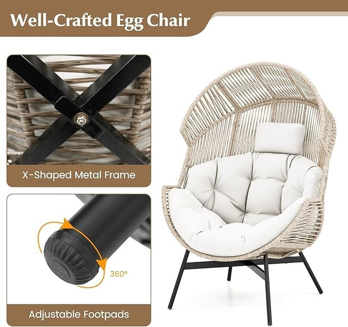 Oversized Rattan Egg Chair Outdoor Recliner with Cushions & Headrest – Max 180kg