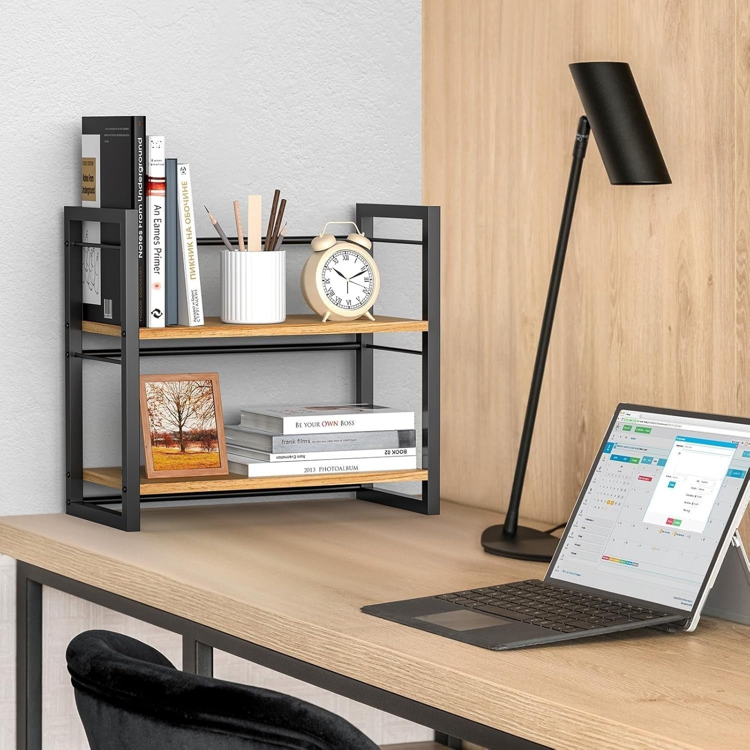 White Wood Desk Shelf – 2-Tier Desktop Organizer w/ Hollow Sides for Office