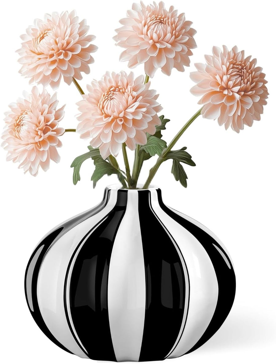 Black White Ceramic Vase Modern Striped Table Decor Round Flower Vase