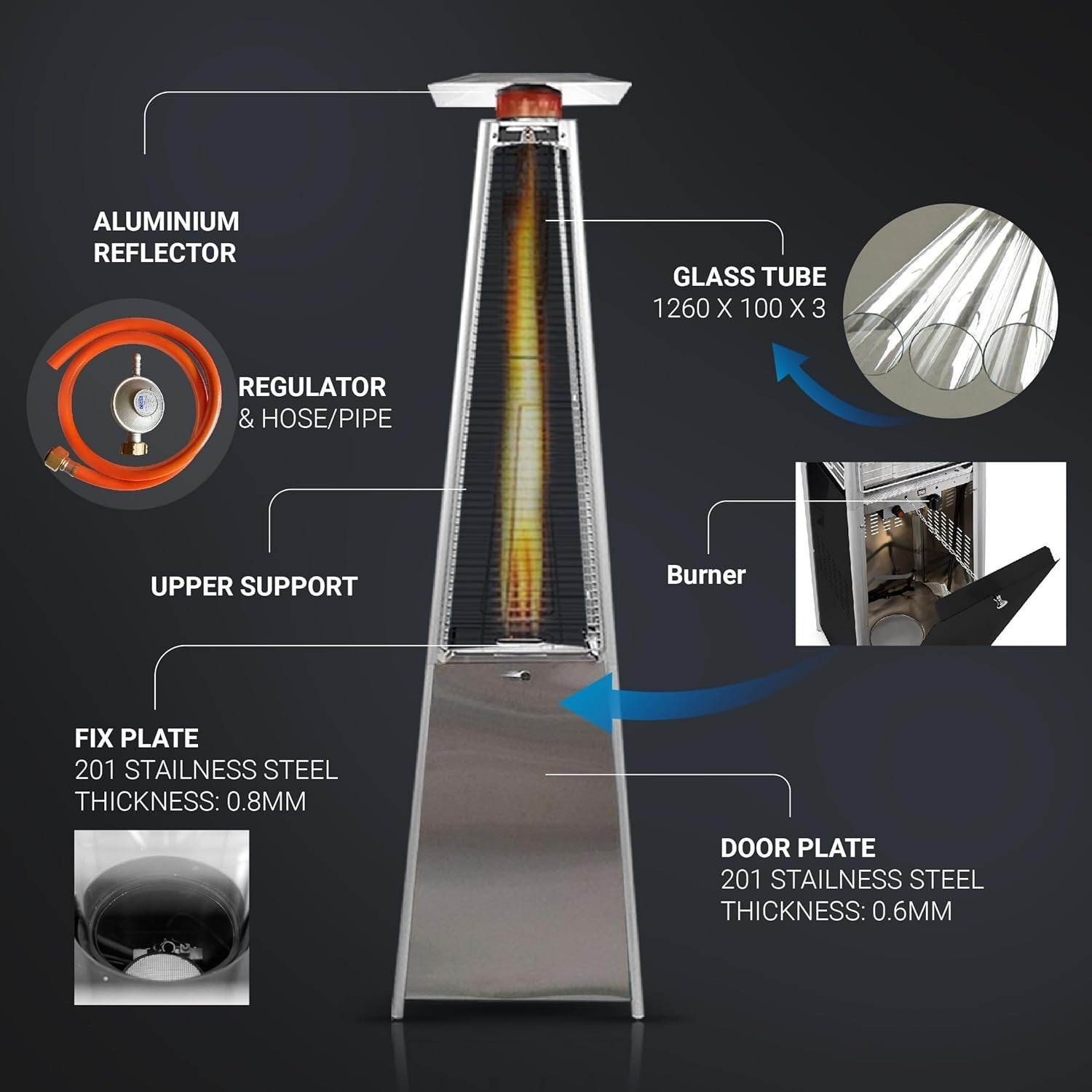 Outdoor Pyramid Gas Patio Heater 13kW Stainless Steel Garden BBQ Party