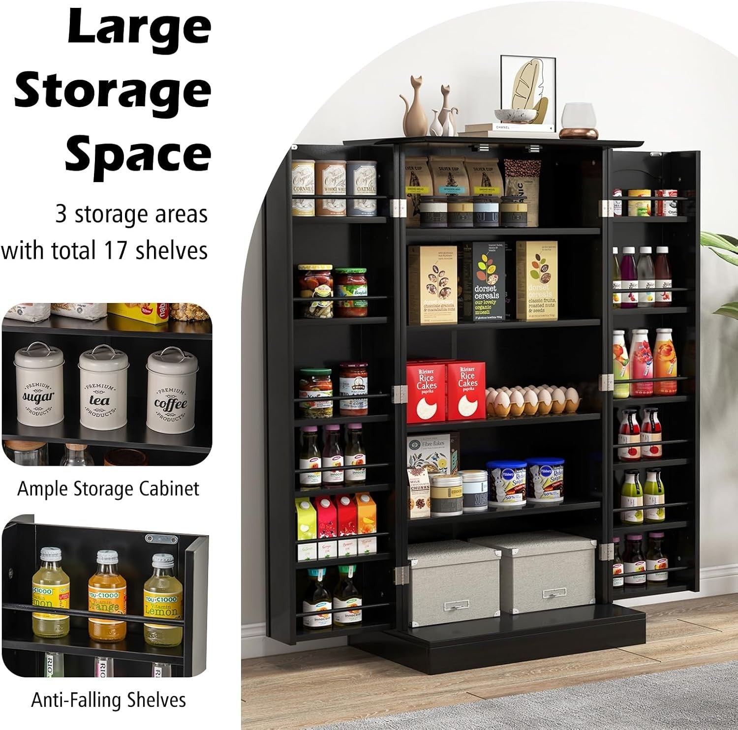 Kitchen Cupboard Pantry Cabinet with 17 Shelves & 2 Doors Black