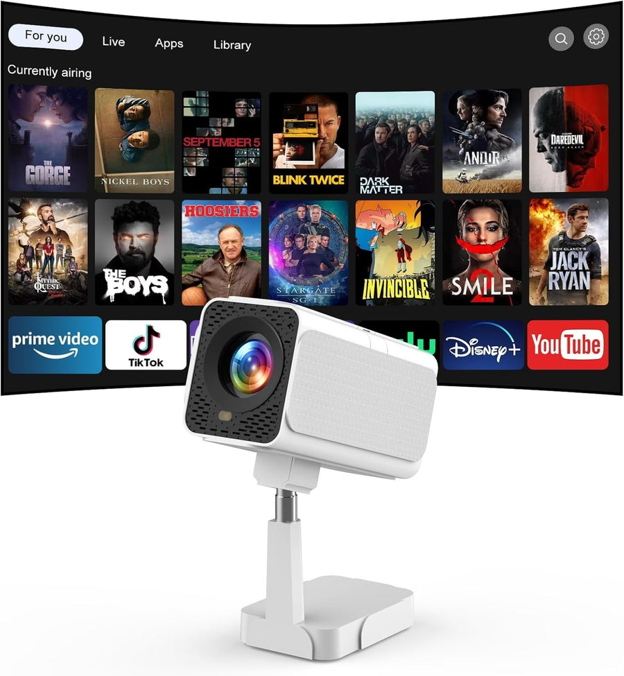 Android TV WiFi6 Mini Projector 180° Stand Auto Keystone Gaming