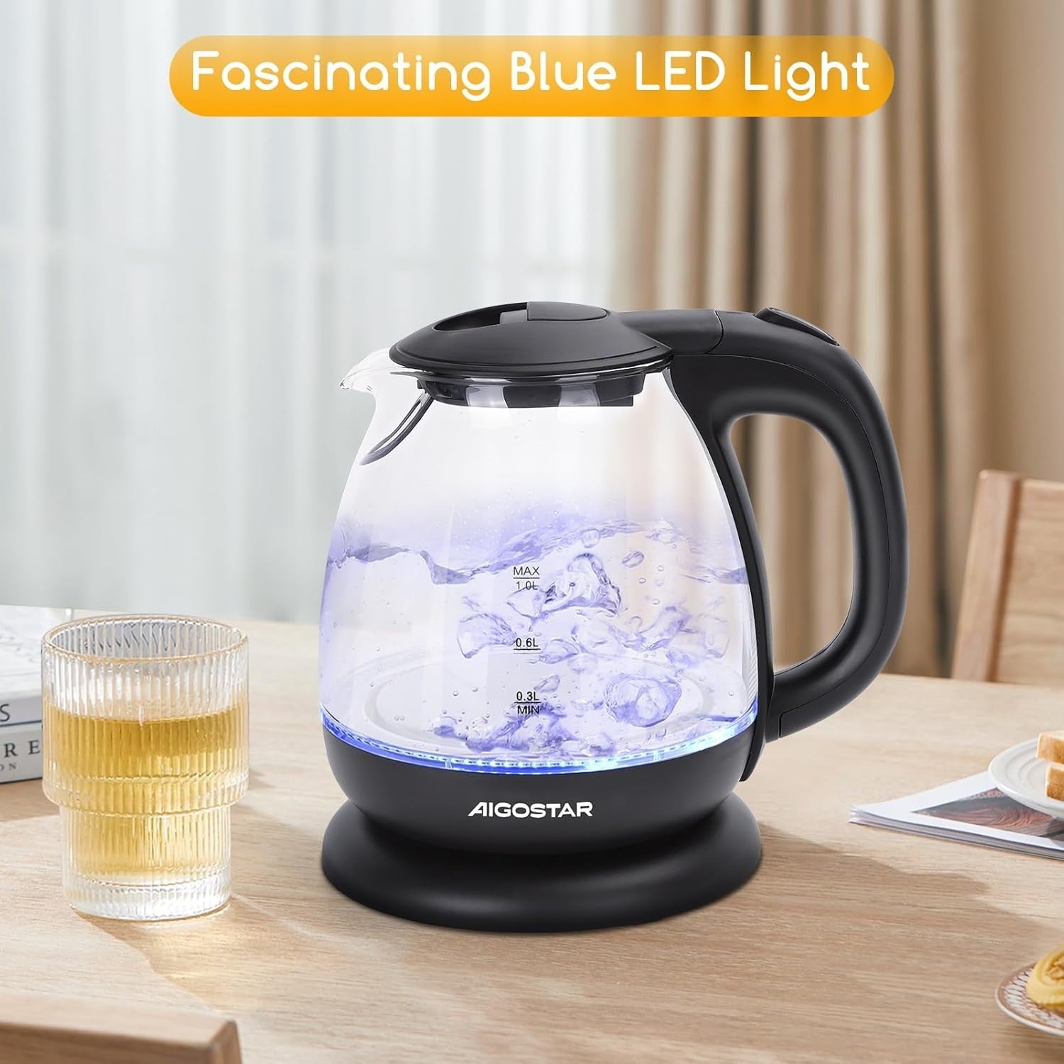 1L Black Glass Electric Kettle Fast Boil Cordless Auto Shut-Off Portable