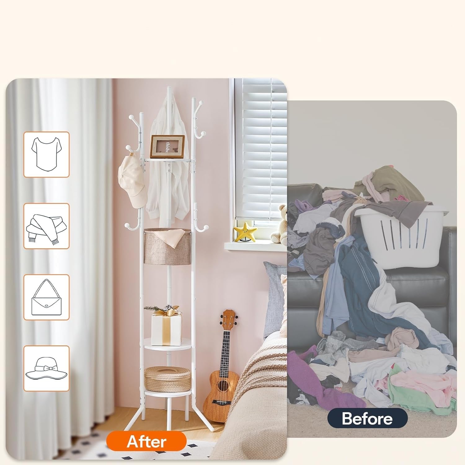 White Coat Rack with Shelves | Freestanding Hall Tree Organizer Stand 184cm Tall