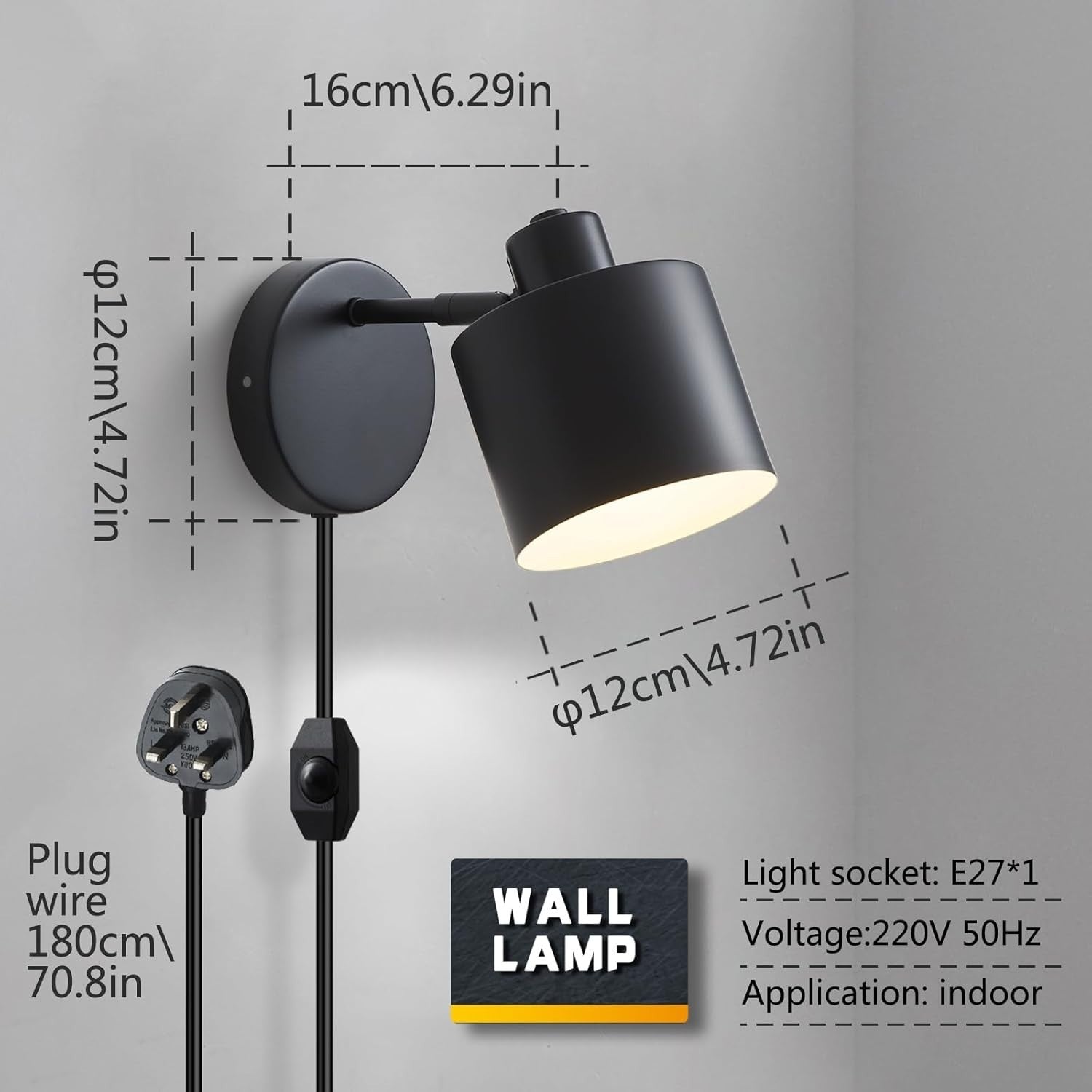 Dimmable 360° Rotatable Wall Lamp, Plug-In LED Sconce Light for Bedroom