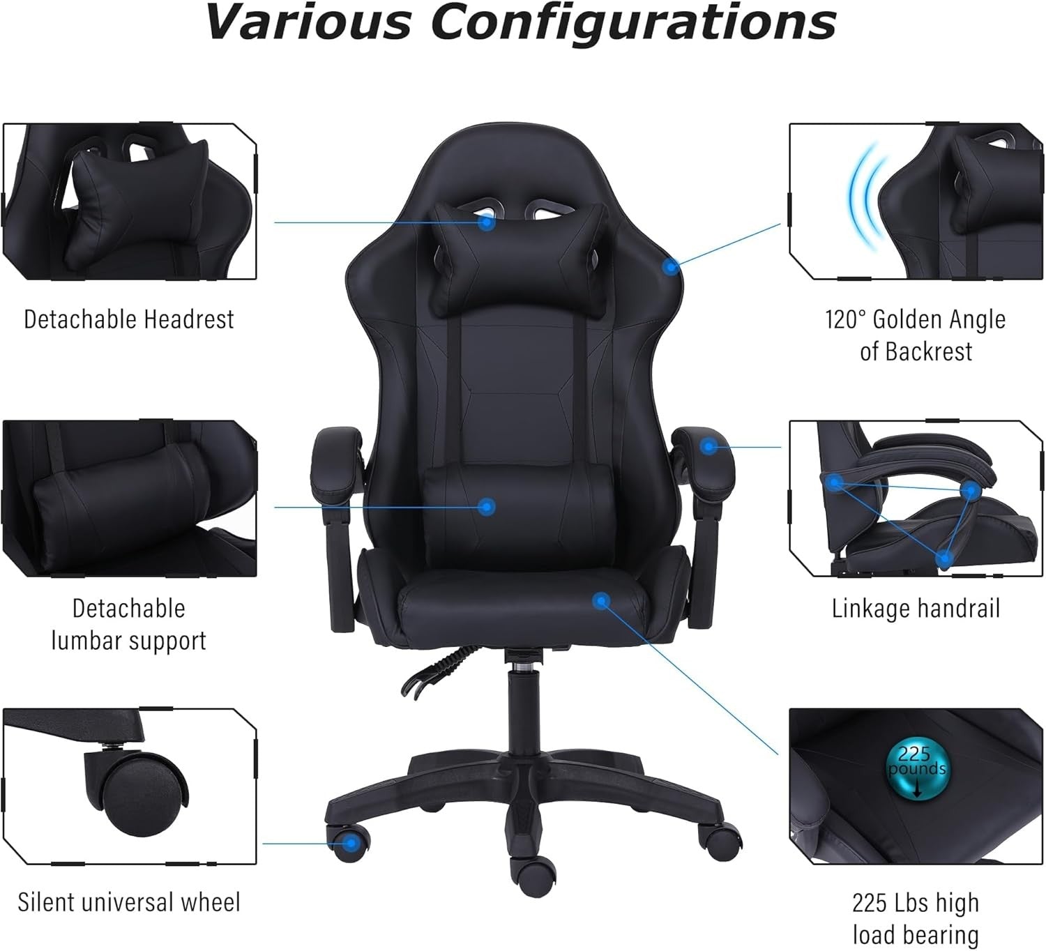 Adjustable Millhouse Sport Desk Gaming Chair Black Office Chair with Lumbar Pill