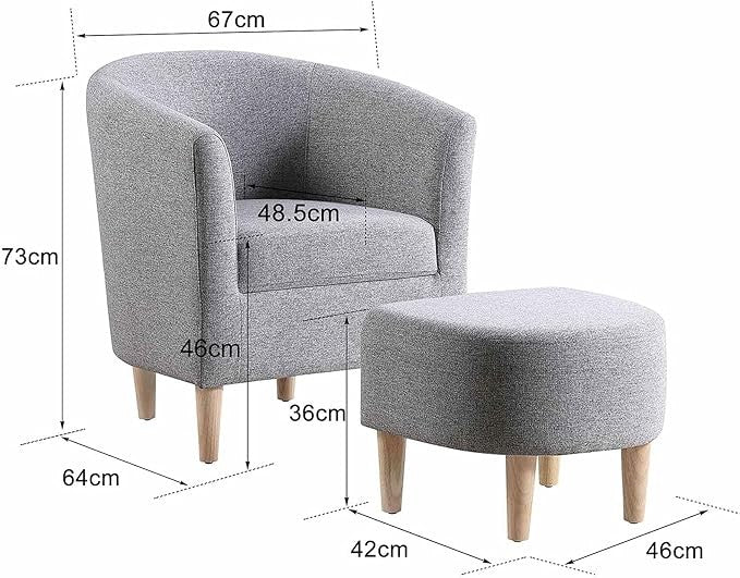 Grey Tub Chair with Footstool Linen Accent Armchair Small Spaces