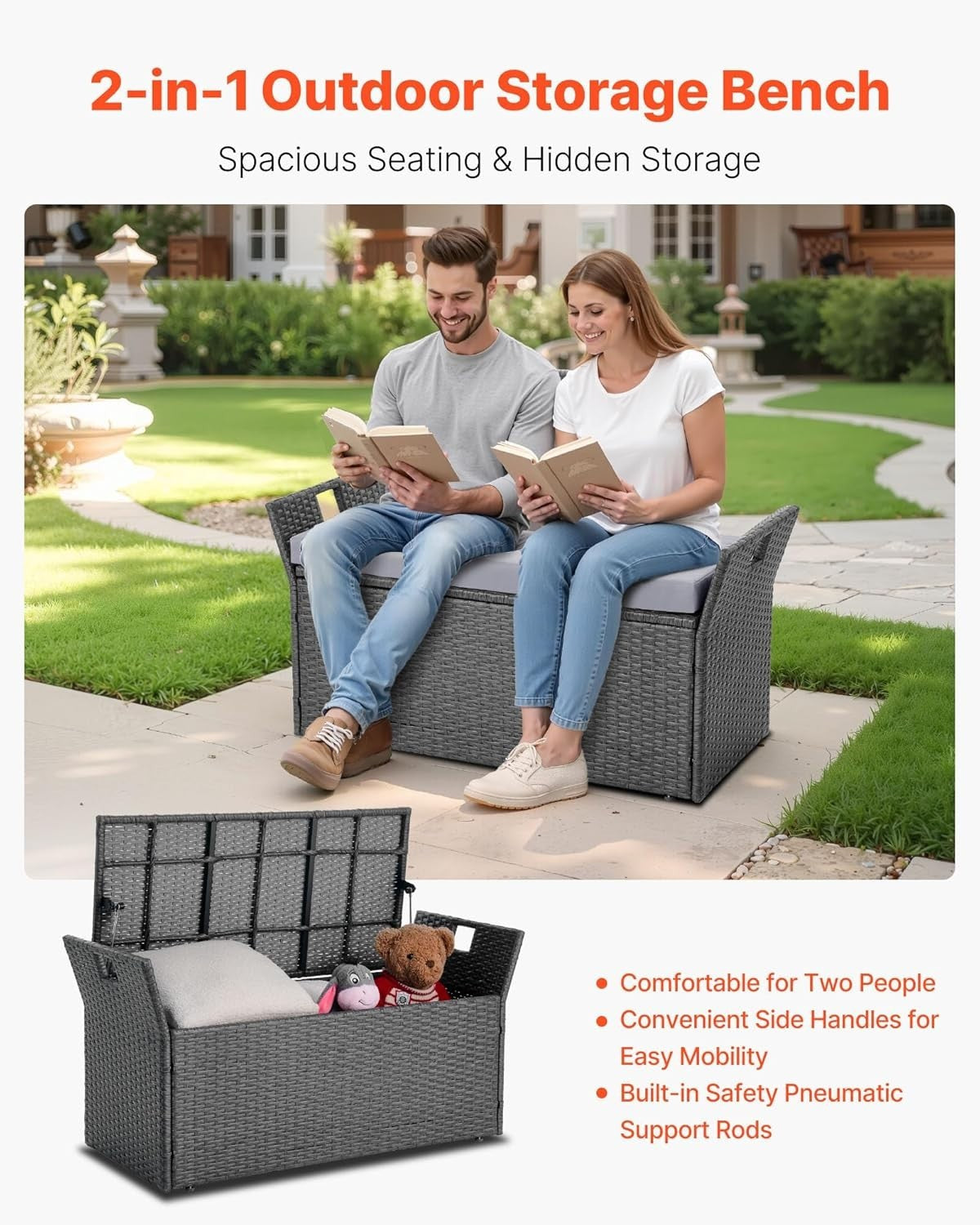 Outdoor 2-Person Storage Bench with Cushion, Weatherproof Rattan, 400 lbs Load