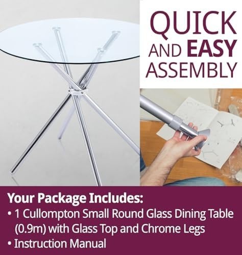 Round Glass Dining Table 90cm Tempered Top Stainless Steel Legs Modern