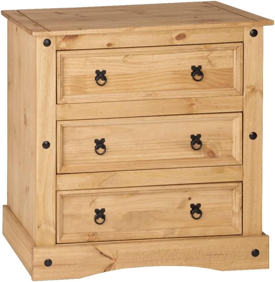 Solid Pine 3 Drawer Chest Wax Finish Rustic Wood Cabinet for Bedroom Hallway