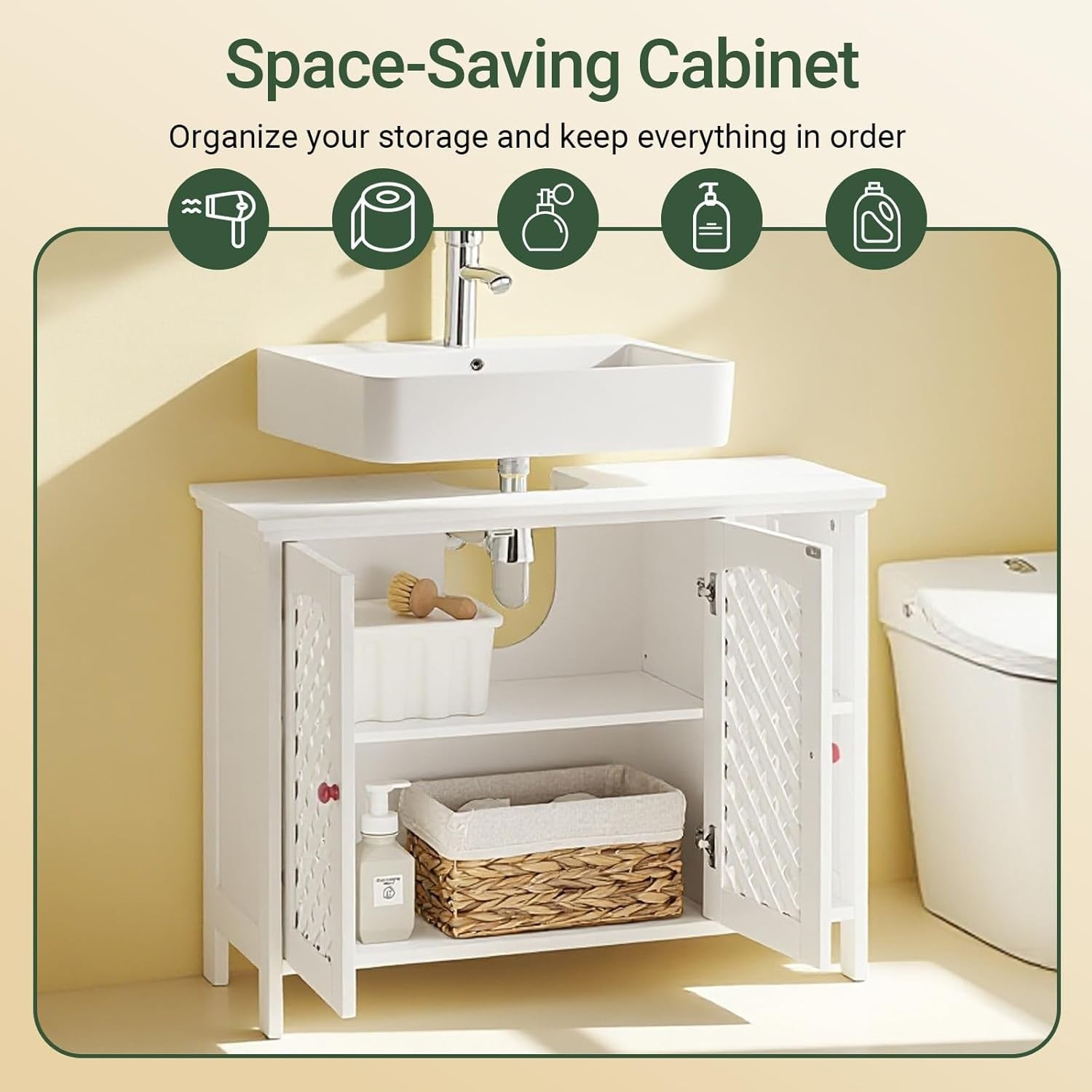 White Under Sink Bathroom Cabinet 2 Door Storage Cupboard with Adjustable Shelf