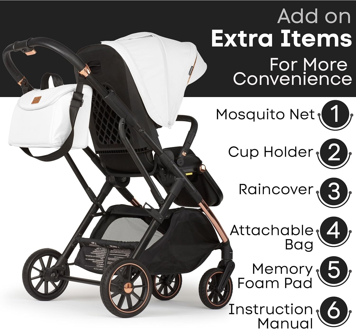 Baby Pushchair Reclining Seat Smooth Suspension Compact Stroller Pearl White