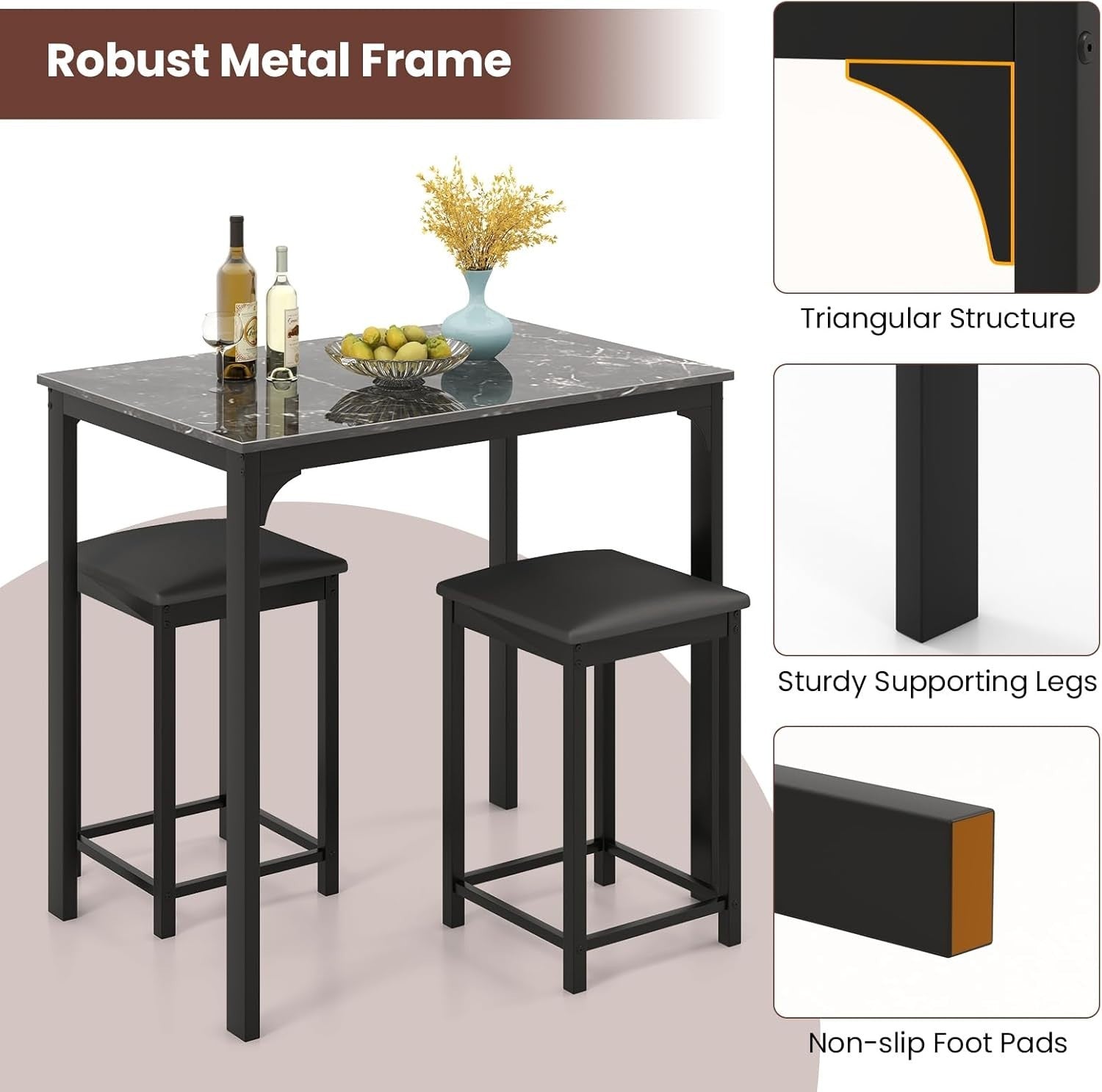 3-Piece Bar Table Set with Marble Top & 2 Stools Space-Saving Dining Black