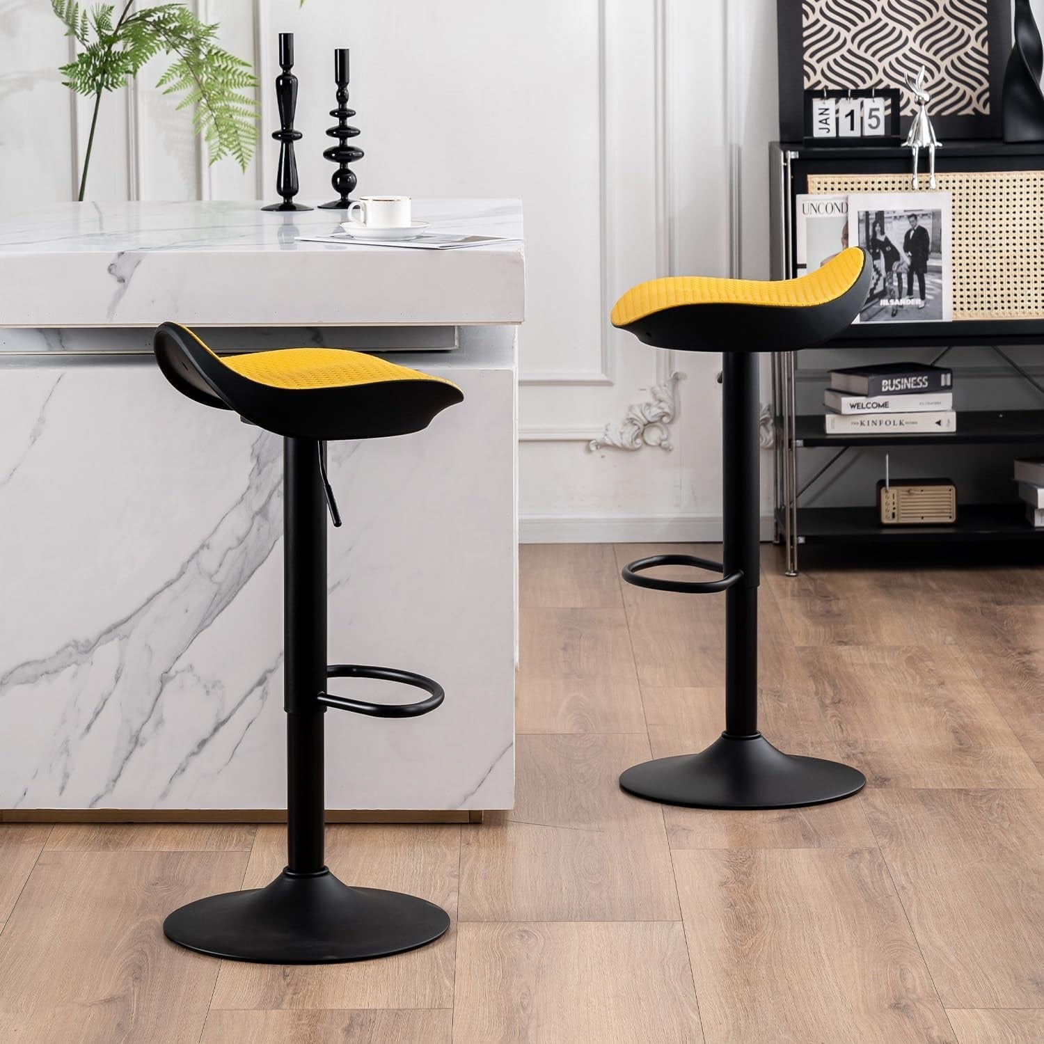 Yellow PU Leather Woven Swivel Bar Stools Set of 2 Height Adjustable Counter