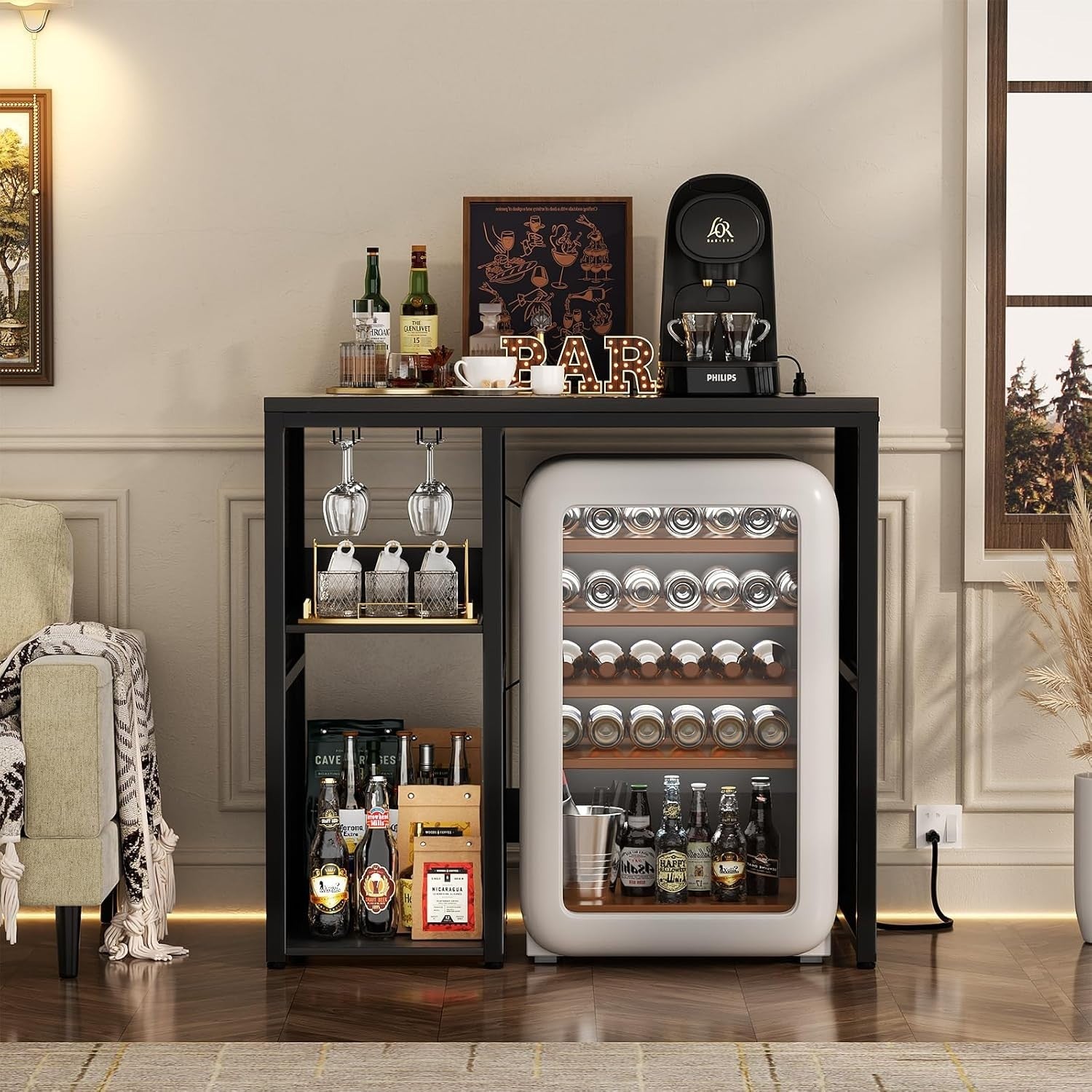 Mini Fridge Stand with Power Outlets Wine Bar Storage Cabinet Black Industrial