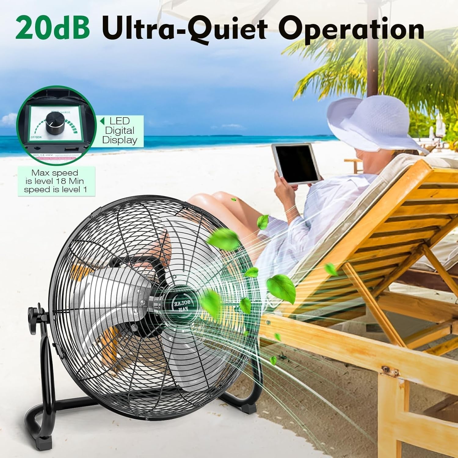 16-Inch Solar Floor Fan – 30W Panel 20,000mAh Rechargeable 18-Speed Cooling Tilt