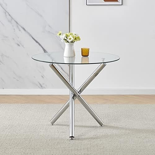 Round Glass Dining Table Set with 4 Black Linen Chairs for Small Spaces