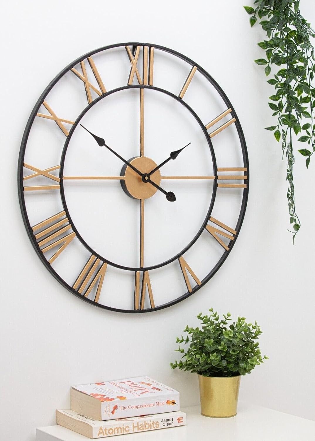 Large 60cm Skeleton Wall Clock Metal Roman Numerals Vintage Gold Black Home Deco