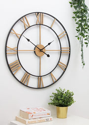 Large 60cm Skeleton Wall Clock Metal Roman Numerals Vintage Gold Black Home Deco
