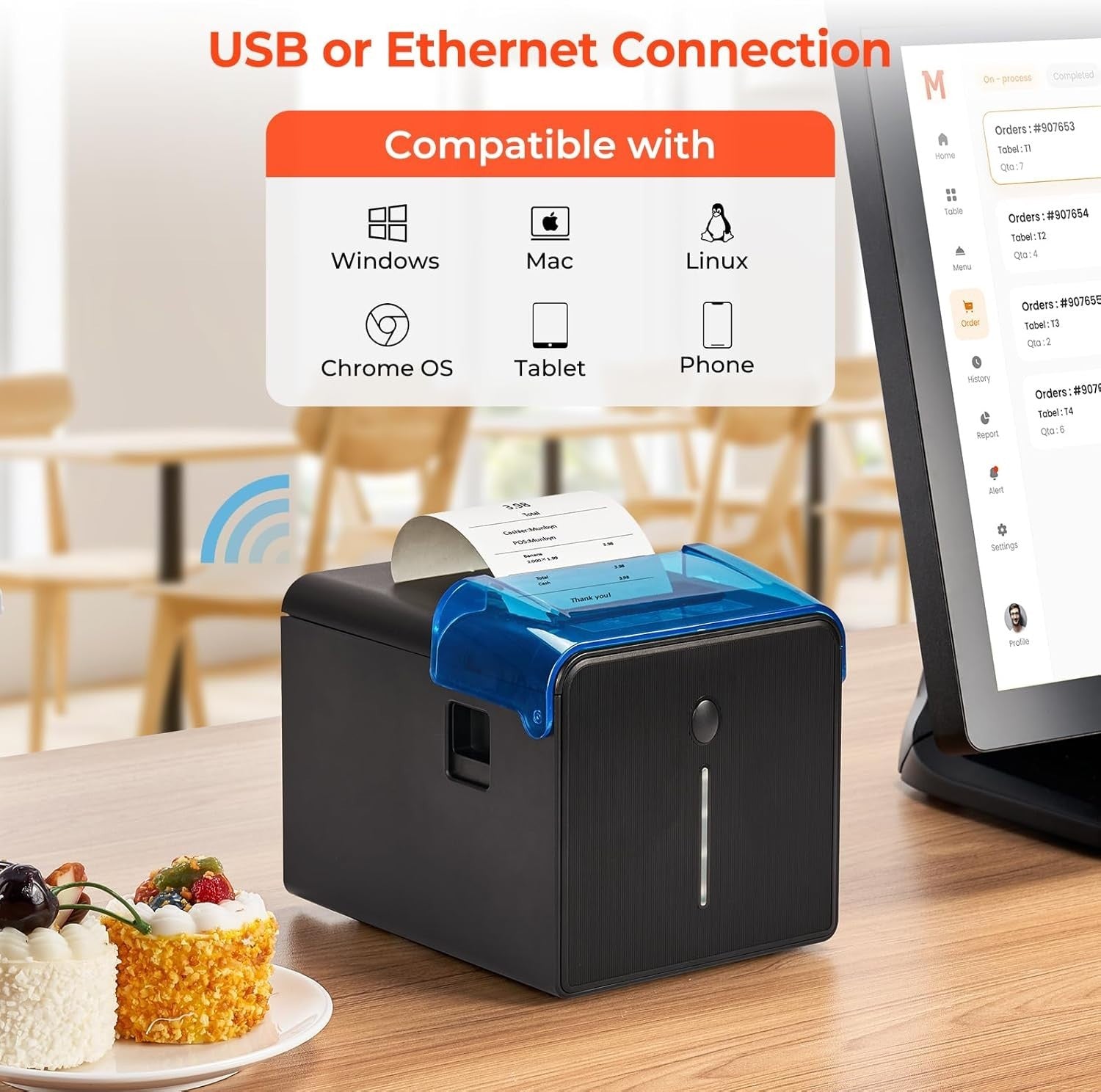 Black Wi-Fi Thermal Receipt POS Printer 80mm USB/LAN/Serial High-Speed
