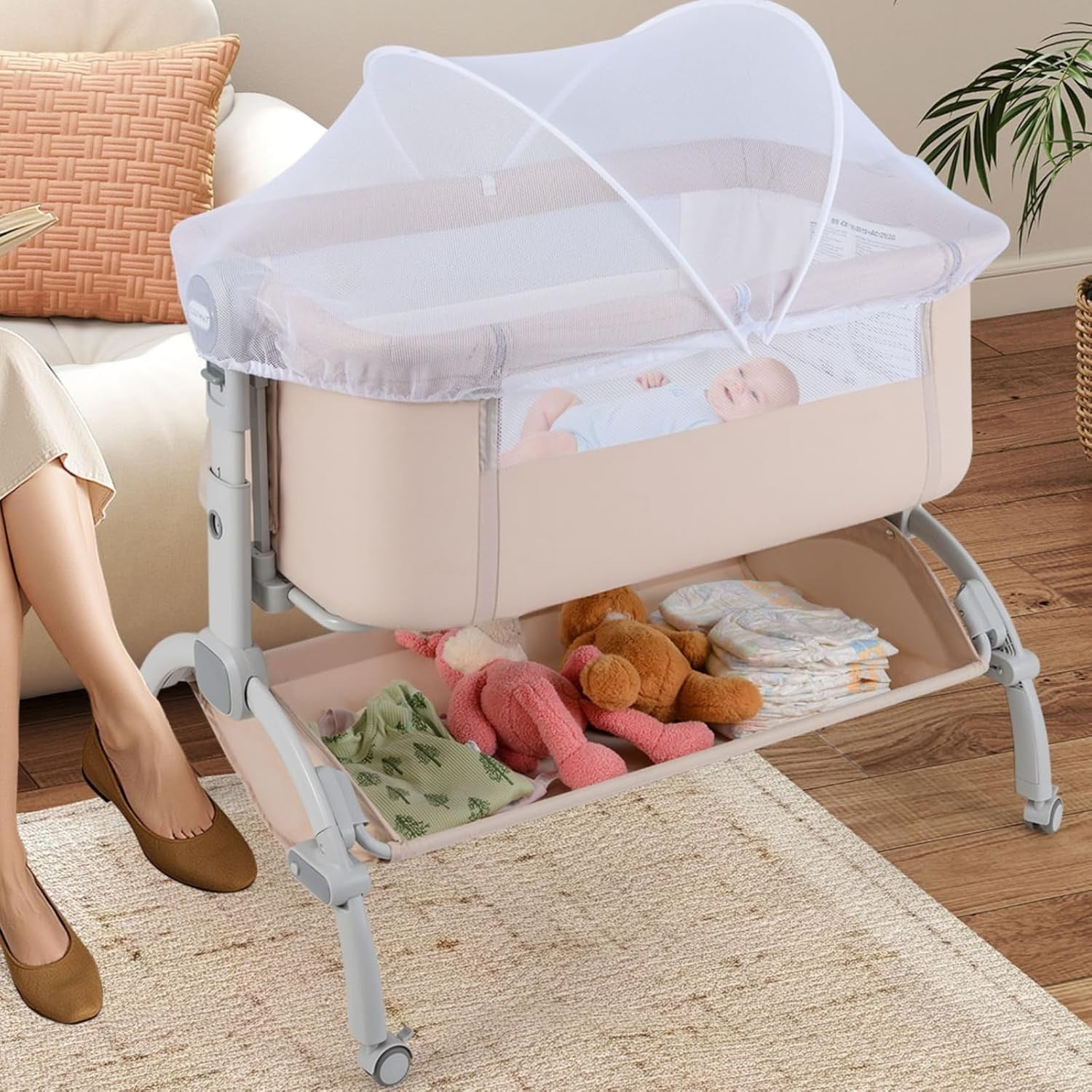 Baby Bedside Crib Adjustable Bassinet with Mattress Newborn Sleeper Beige
