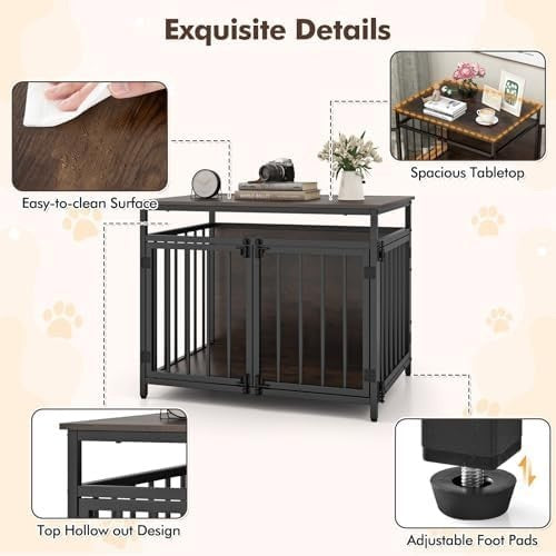 Industrial Dog Crate with 3 Doors & Adjustable Feet, Indoor Kennel Table