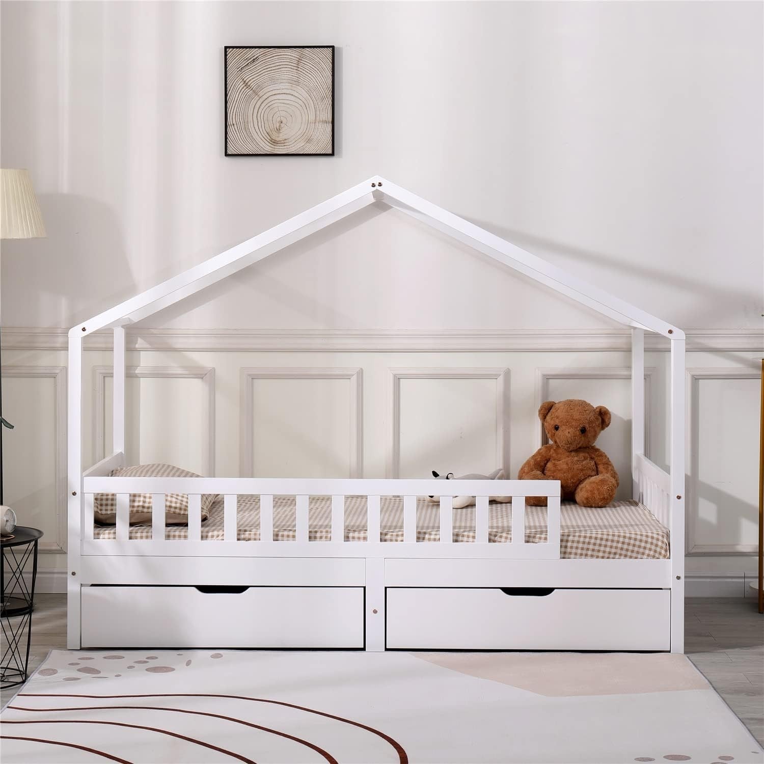 Solid Pine Kids House Bed with Guardrail & Storage Drawers, White, Single