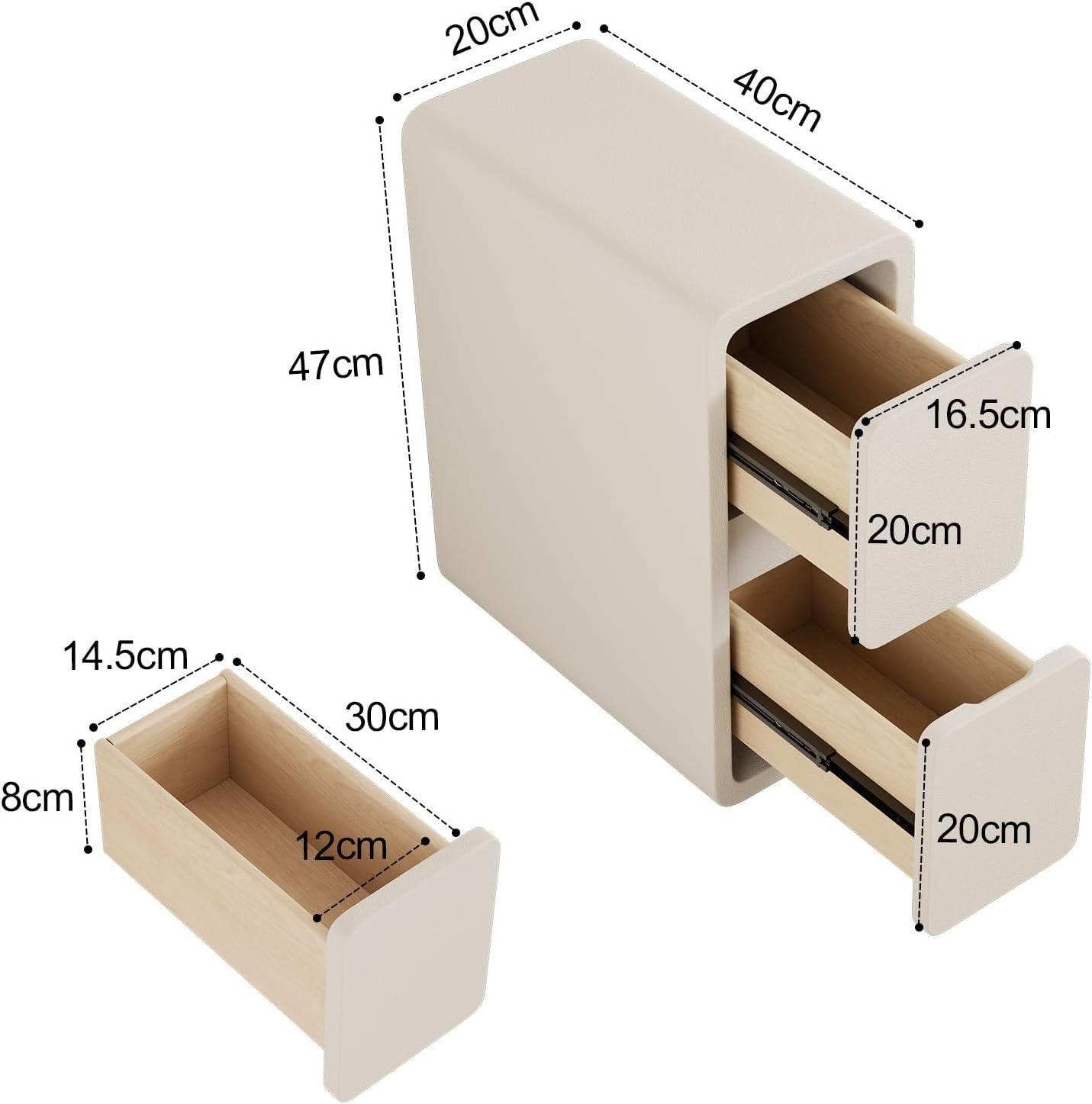 Slim White Bedside Table with 2 Drawers, Narrow Leather-Finish Nightstand