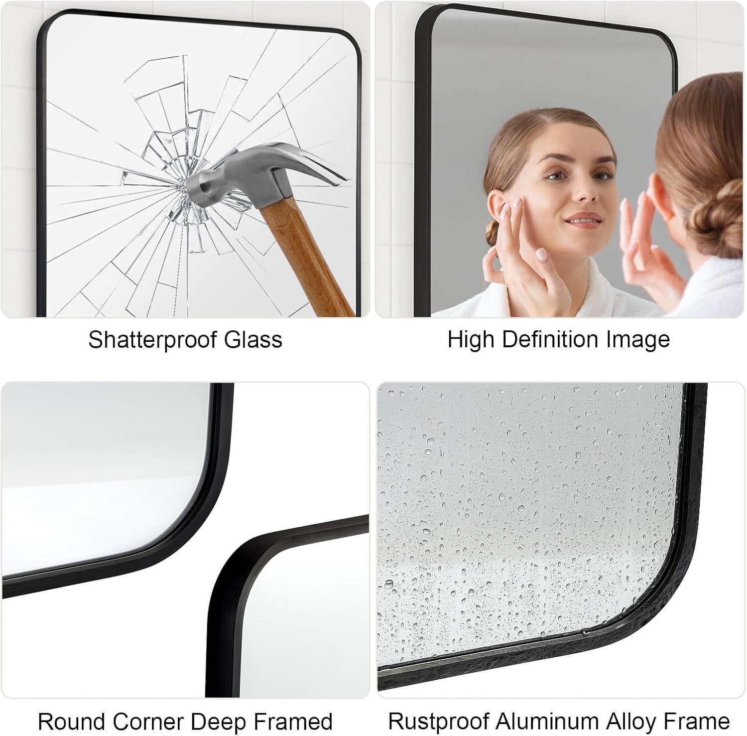Bathroom Wall Mirror 100x70cm Black Aluminum Frame Curved Corners No LED