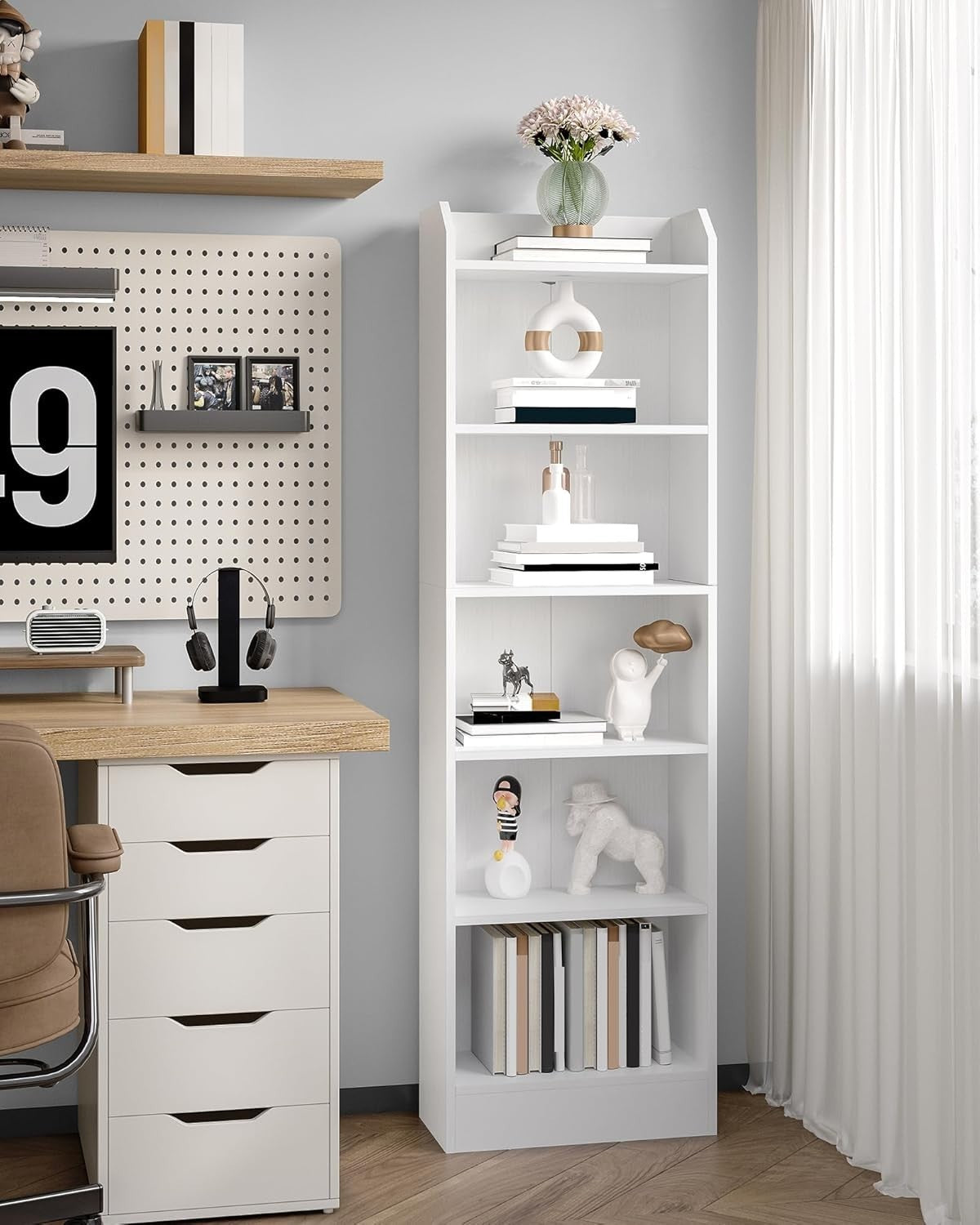 6 Tier Tall Bookcase White Wooden Adjustable Shelf Wide Storage Unit