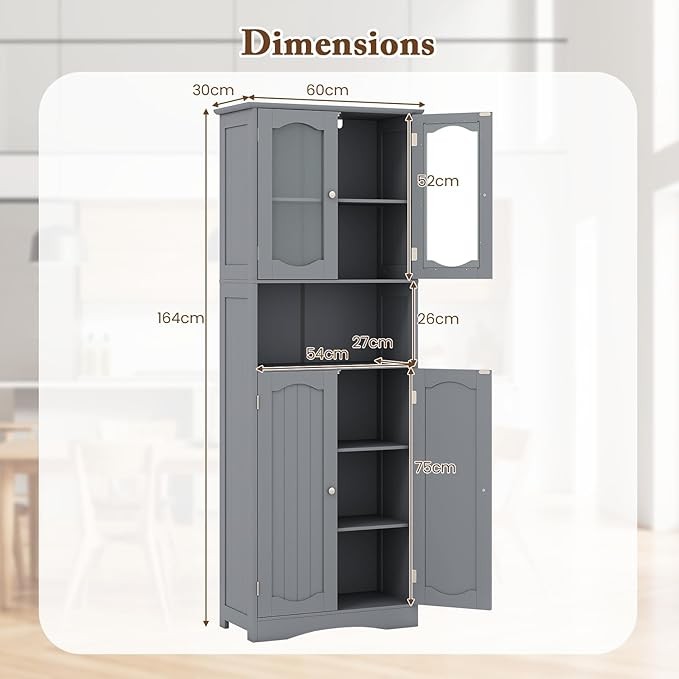 Tall Grey Storage Cabinet with Glass Doors & Adjustable Shelves 164cm