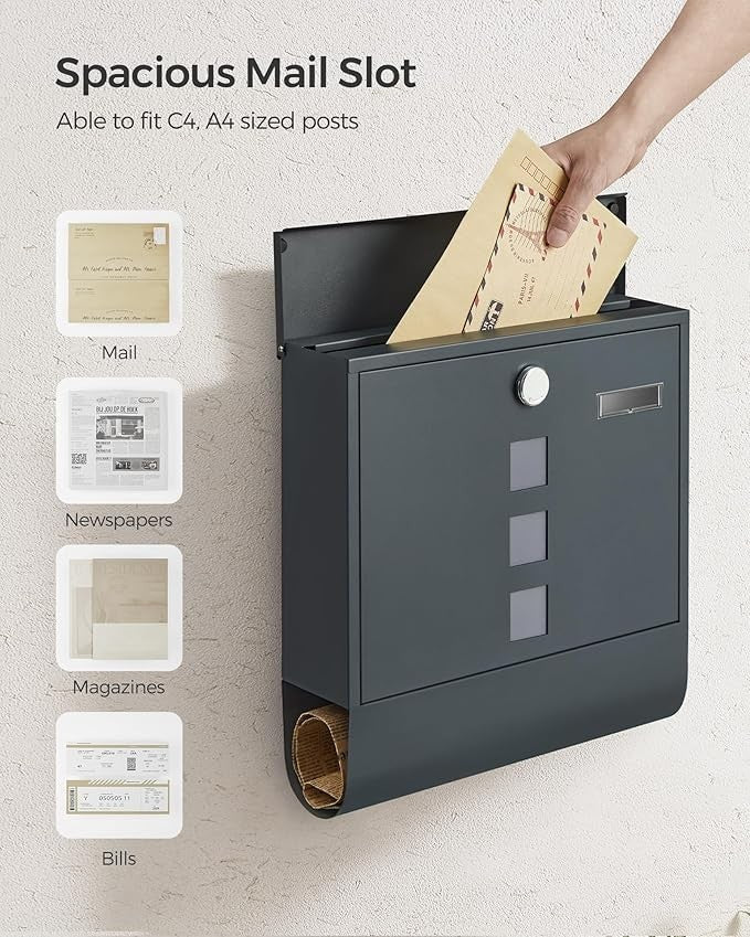 Wall Mounted Post Box with Lock Anthracite Grey Secure Mailbox 11x37x37cm