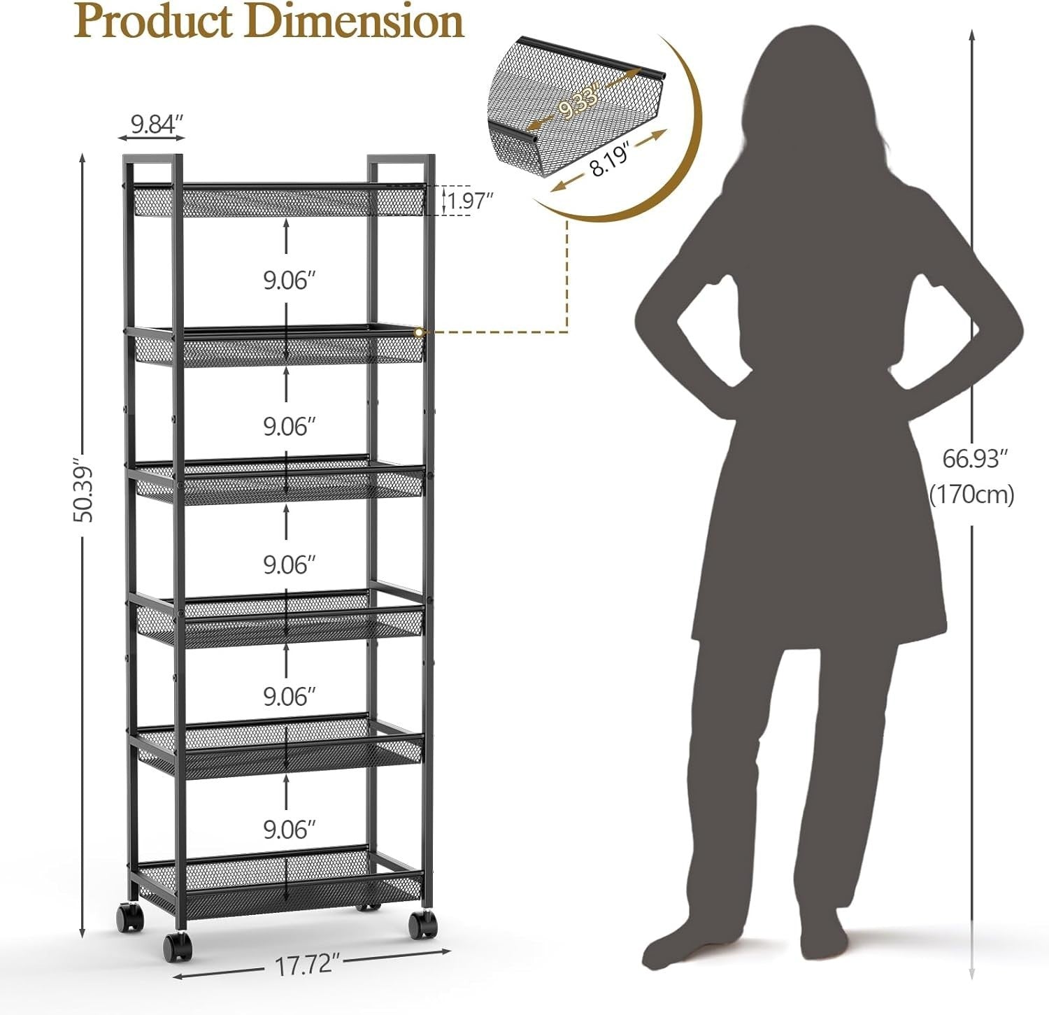 6 Tier Slim Rolling Storage Cart Narrow Utility Shelf with Wheels Black