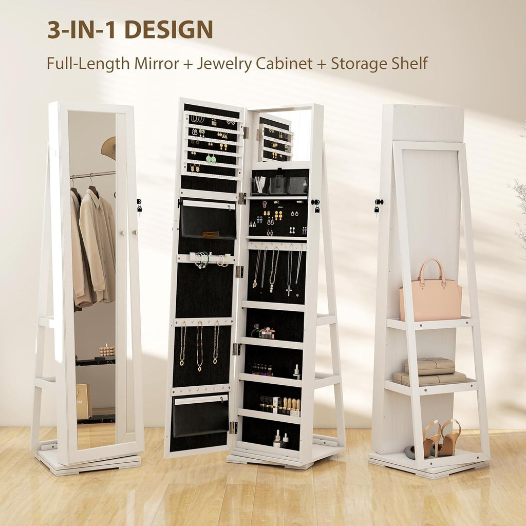 360° Swivel Jewelry Cabinet Full Length Mirror Lockable Storage Organizer