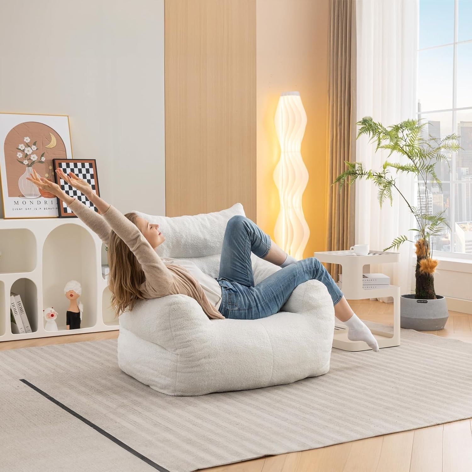 White Memory Foam Bean Bag Chair | Large Teddy Sofa Seat for Adults Room