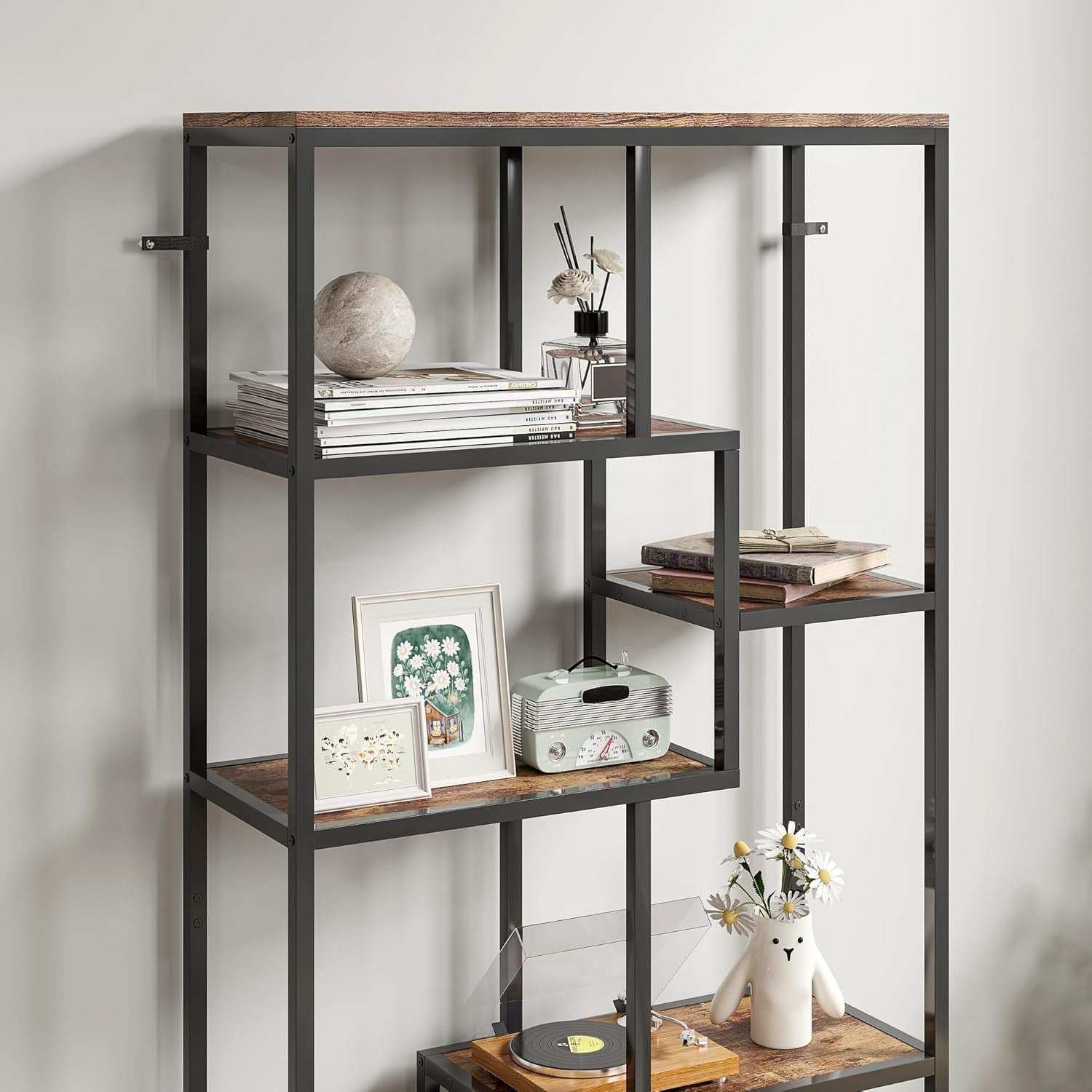 7-Tier Rustic Brown & Black Bookcase | Industrial Geometric Display Shelf Unit
