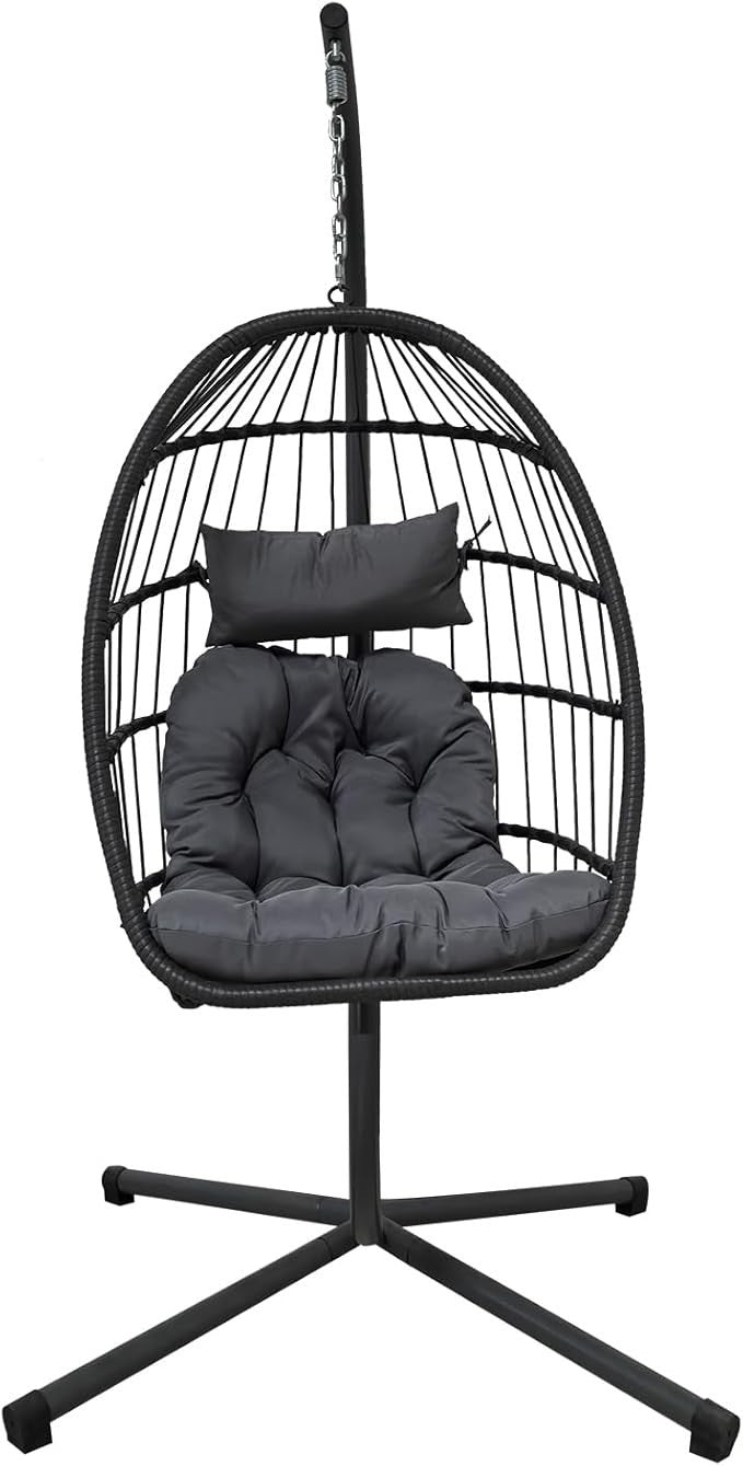 Rattan Egg Swing Chair Indoor Outdoor w/ Cushion, Cover & 350lb Frame