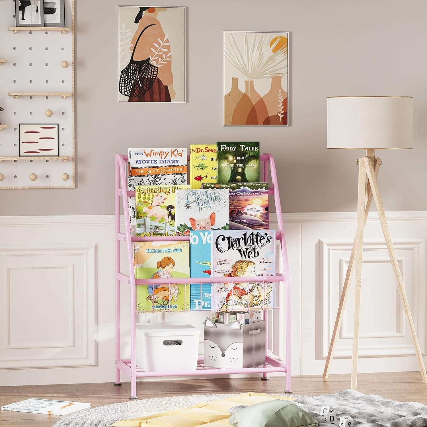 Kids Leaning Bookshelf & Toy Organizer Rack – Durable Metal, Space Saving, Pink