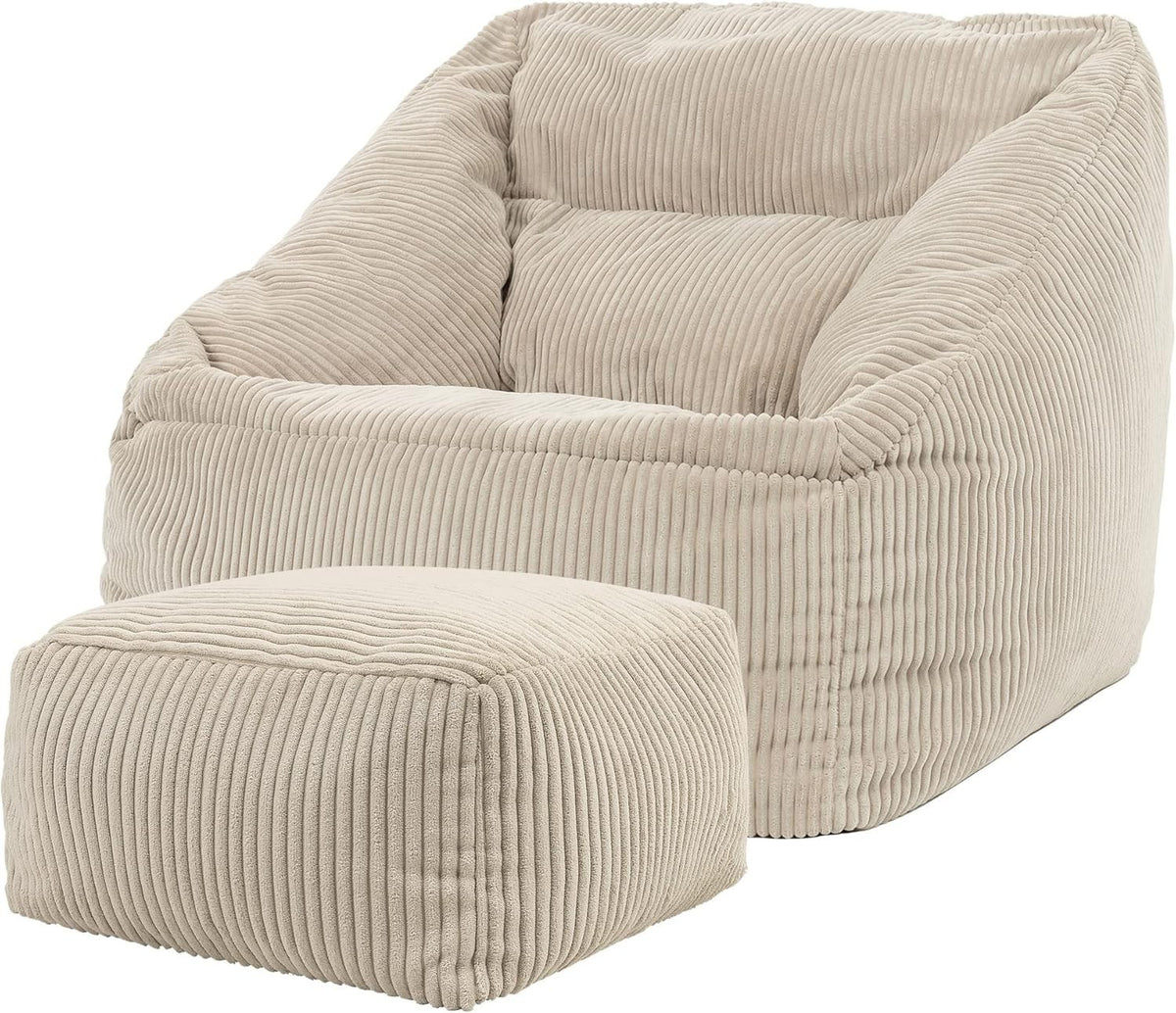 Beige Cord Bean Bag Chair with Footstool Lounge Armchair Seat Filled