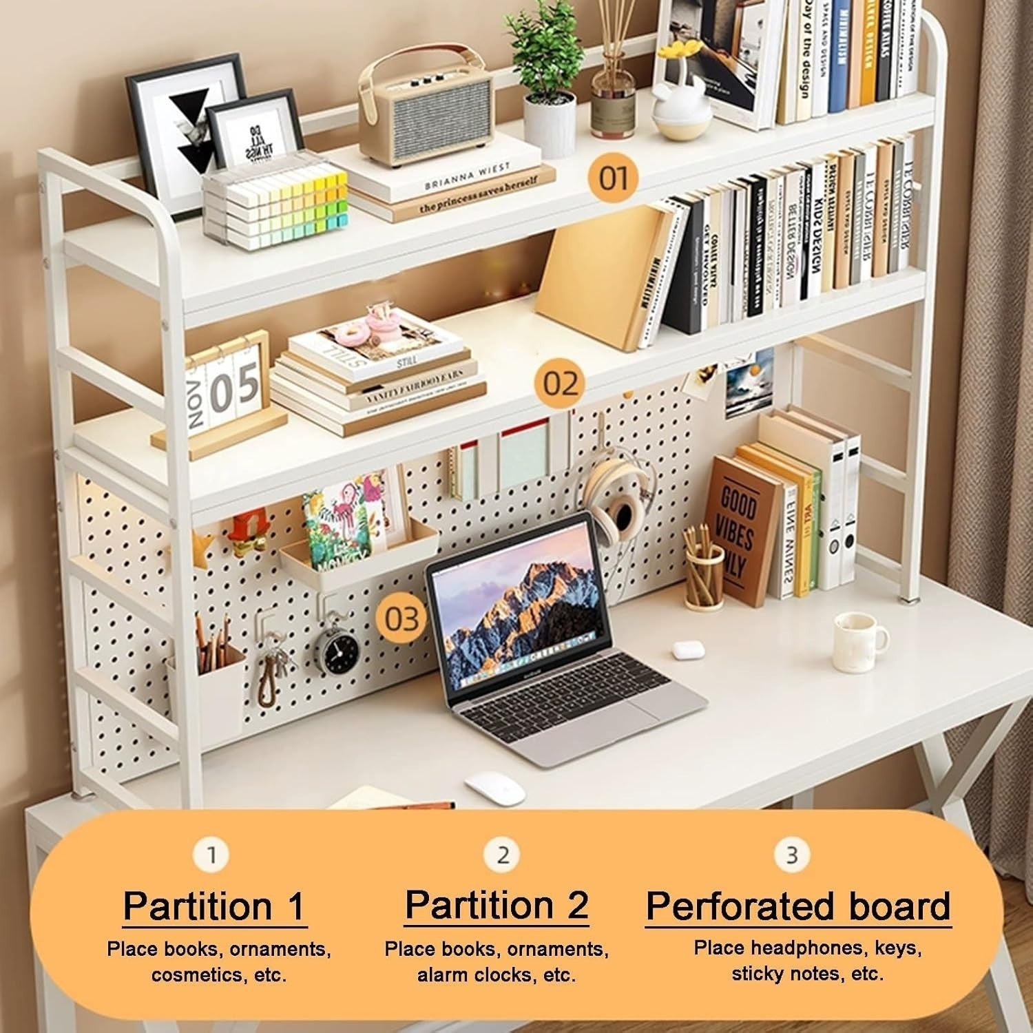 3-Tier Desktop Bookshelf Countertop Hutch Desk Organizer Storage Rack 70cm White