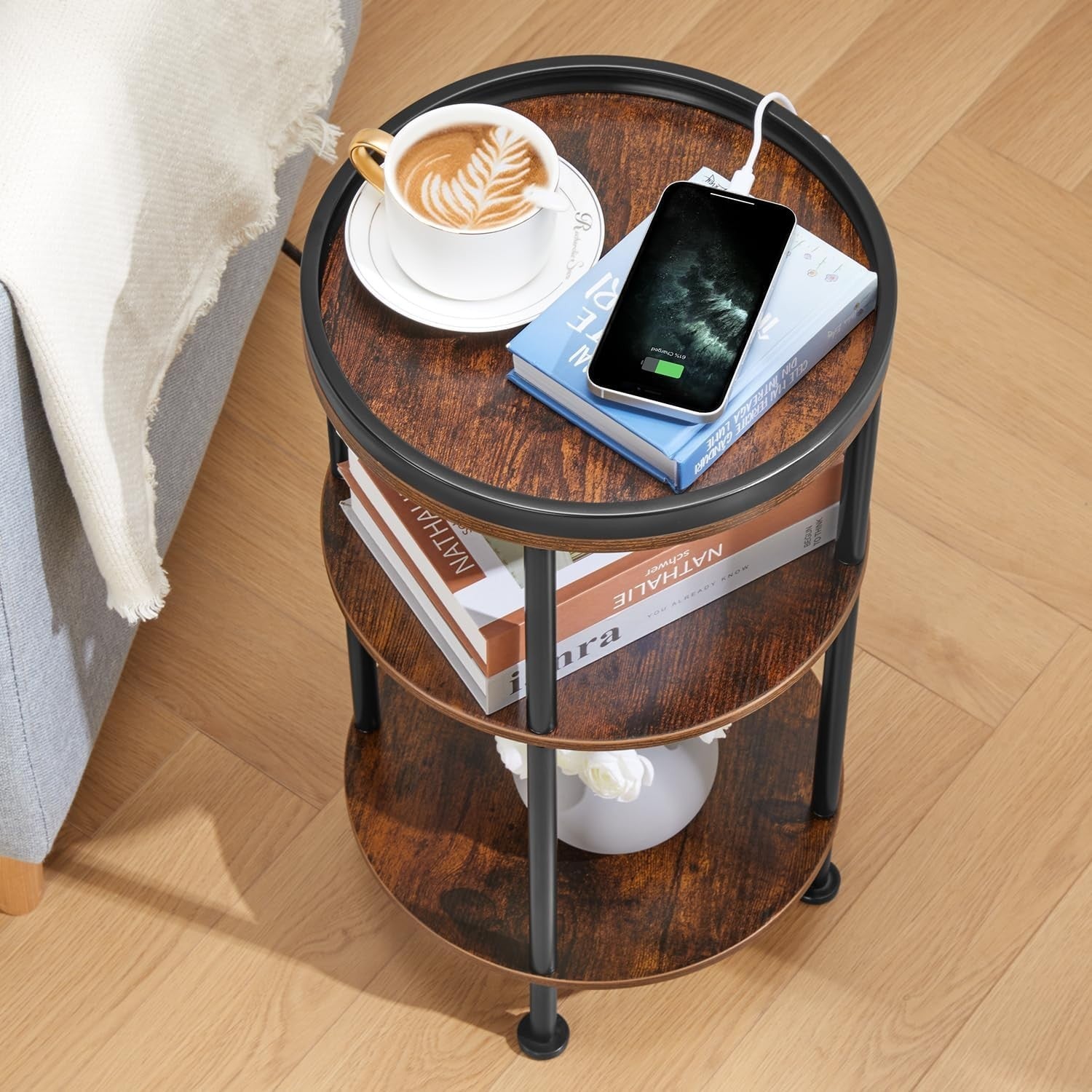 Small Round End Table with USB & Power Outlets, 3-Tier Rustic Side Table