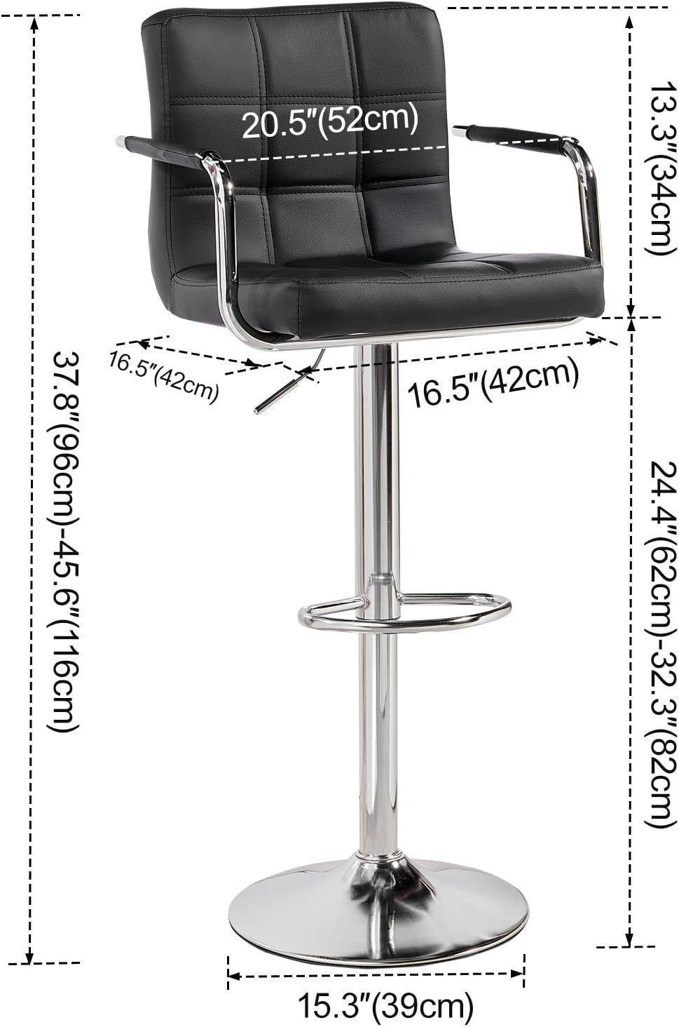 Black PU Leather Bar Stool Adjustable Height 360° Swivel with Armrest