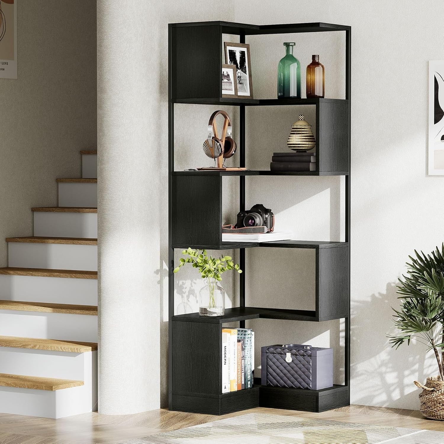 Tall 6-Tier Corner Bookshelf | 180cm Space-Saving Metal & Wood Display Storage U