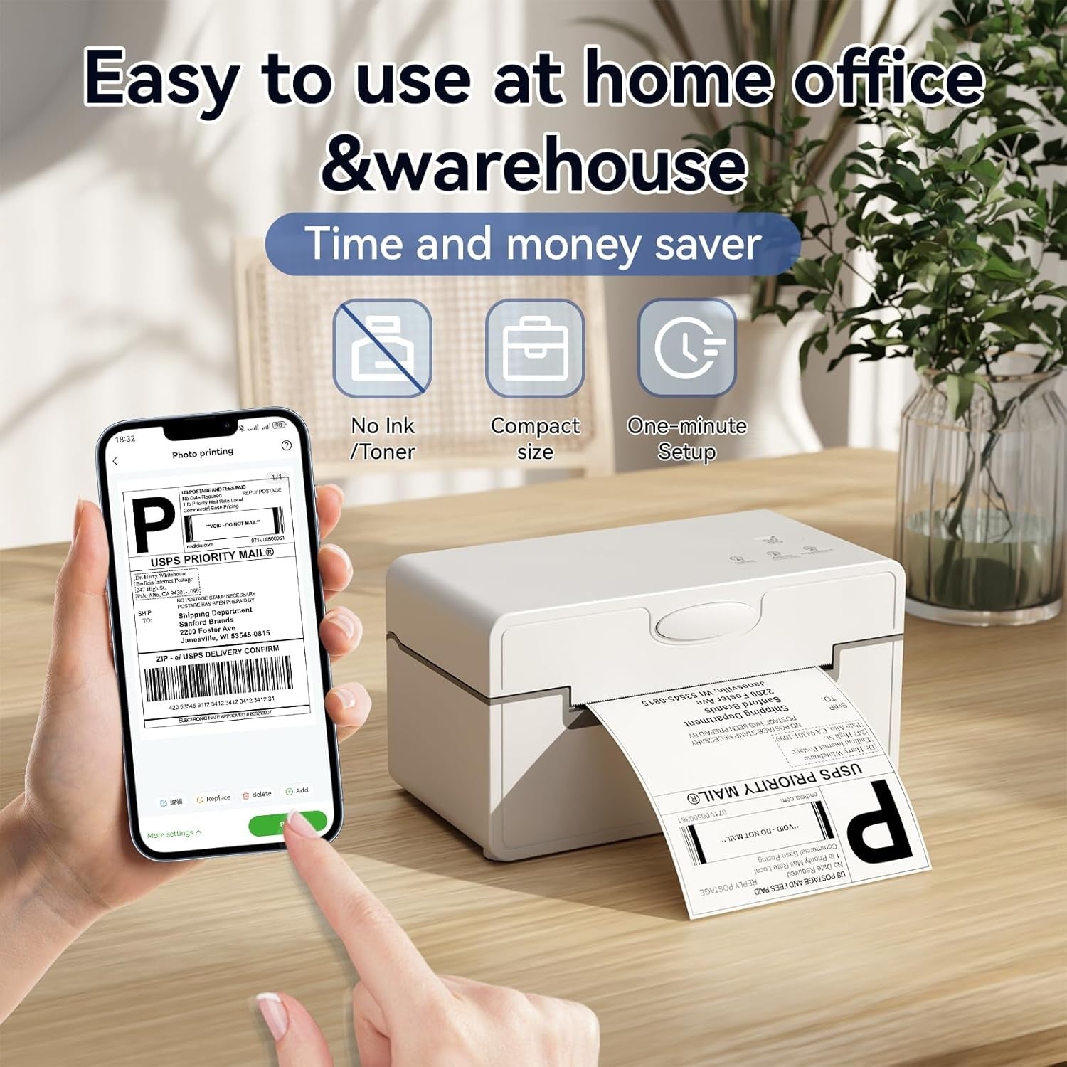 Bluetooth 4×6 Thermal Shipping Label Printer USB Wireless 203 DPI